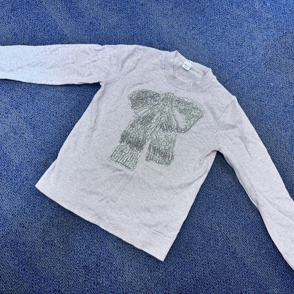 Crewcuts Sequined Bow Sweater Oatmeal and Gold Size L (Pizza Stain)